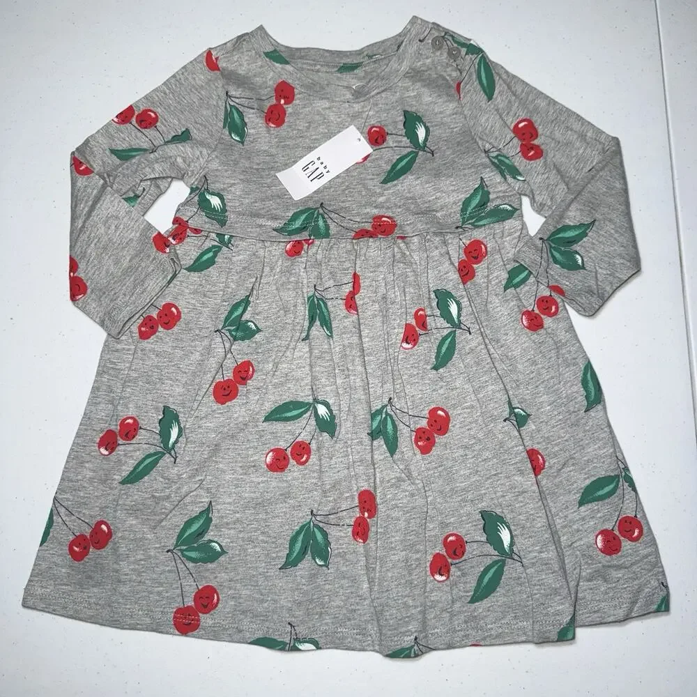 Baby Gap Girl’s Toddler Dress Long Sleeve Cherry Print Gray Size 2 Years NWT - Picture 1 of 5